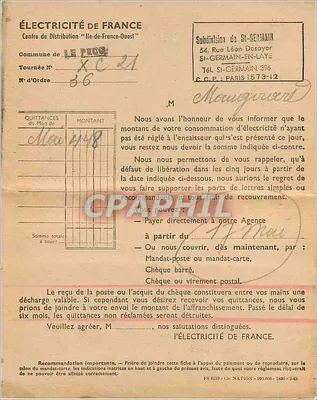 Maugérard-Germanie — Fatura de Eletricidade — Eletricidade de França — Verso