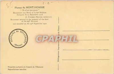Plateau du MORT-HOMME — Pomnik Pamięci 69. Dywizji — J. Froment-Meurice, rzeźbiarz — Rewers