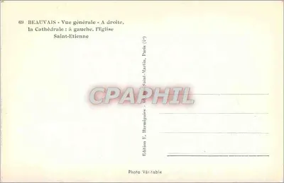 Beauvais — Widok ogólny — Katedra po prawej, Kościół św. Etienne po lewej — Wydawnictwo E. Harmignies, Paryż — Rewers