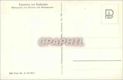 Konstanz nad jeziorem Bodensko — Rzeka Rhena z Münster i Rheintorturm — Postkartenverlag Franz Täffer, Konstanz, Tel. 186, Echt Foto Nr. A 101185 Z — Rewers