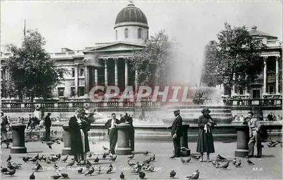 Trafalgar Square & National Gallery, Londres — vista com pombos e fonte — The Photographic Greeting Card Co. Ltd., série RF.II