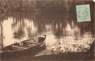 Barco em um lago com patos — editor não identificado, número de série não visível