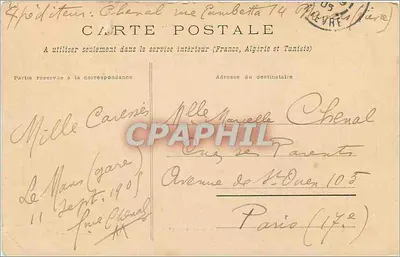 Le Mans — Rue Gambetta — vue de la Nouvelle Taverne, éditeur IMP. E. HOUSSBEAU — Verso