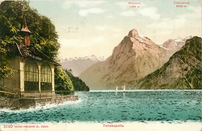 Tellskapelle — lago com montanhas no fundo — Edição Photoglob Co., Zurique, n°2140