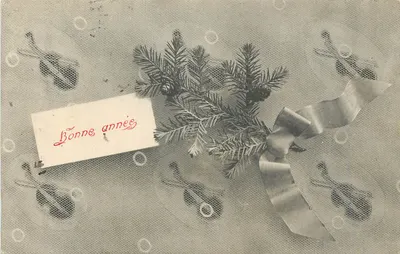 Arranjo de pinheiro e laço — Carta postal de Natal — A.S. V. Série 361