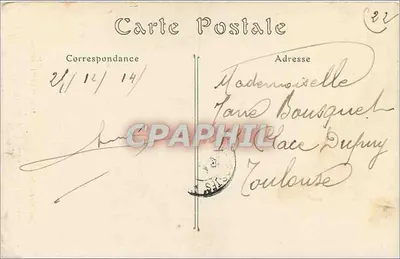 Ruínas do Palácio Episcopal — Chaminé da Galeria dos Reis — Bombardamento do 19 de setembro de 1914 — Editor Jules M. COT, Reims — Verso