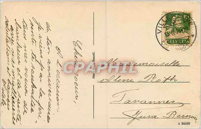 Pejzaż alpejski — chalet i zasne góry — MS, wydawca nieznany — Rewers