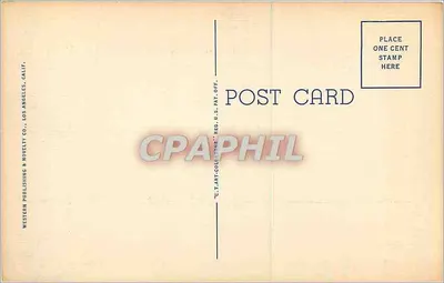 Scena parku w Kalifornii — laguny i latarnia przy zachodzie słońca — Western Publishing & Novelty Co., Los Angeles, Kalifornia n° 8A-H3018 — Rewers