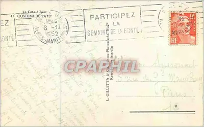 Dziewczyna w stroju tradycyjnym — Côte d'Azur — wydawca L. Gilletta, nr 41 — Rewers