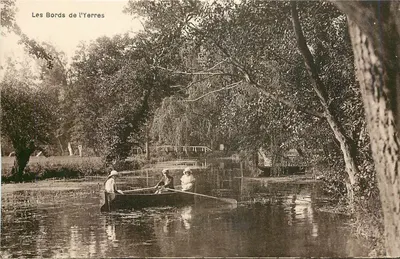 As margens do Yerres — vista do rio com três pessoas em barco — editor M. Mulard, Yerres