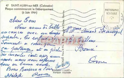 Saint-Aubin-sur-Mer — Placa comemorativa do desembarque do dia 6 de junho de 1944 — Éditions Gaby — Verso