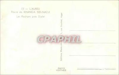 Les Rochers blisko Djelel — Trasa Khanga Sidi-Nadjî — Wydawca: Editions Photo-Africaines, rue Feuillet, Algier — Rewers