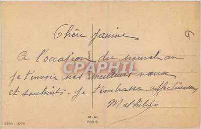 Castelo de montanha sob neve — Boa Ano — M.D. Paris, série 1075 — Verso