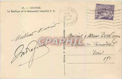 Lourdes — Widok na bazylikę i pomnik sojuszników P. D. — Wydawnictwo P. Doucet Lourdes — Rewers