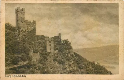 Burg SONNECK — castelo forte em ruínas em um promontório — editor Kunstanstalt für Postkarten