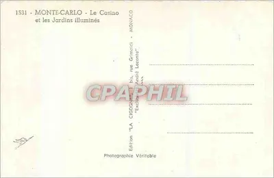 Monte-Carlo - Kasyno i ogrody oświetlone — Wydanie 'LA CIGOGNE' nr 1531 — Rewers