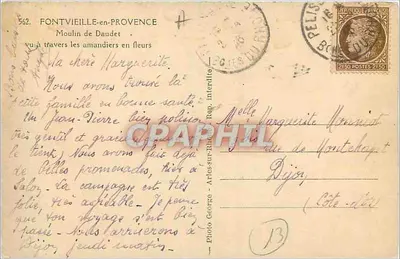 Fontvieille-en-Provence — Moinho de Daudet através dos amendoeiros em flor — Foto George, Arles-sur-Rhône — Verso