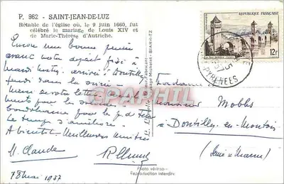 Intérieur de l'église Saint-Jean-de-Luz — Retable — éditeur Larnielle, n° P. 962 — Verso
