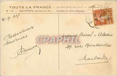 Cauterets, okolice — Wodospad Pont d’Espagne — Éditions JOVÉ, Pau (H.-P.) — N° 115 — Rewers