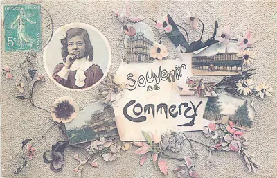 Lembrança de Connercy — carta postal decorativa com foto de jovem e ilustrações — editor não visível