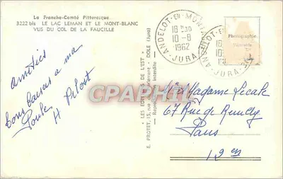 Jezioro Leman i Mont-Blanc widziane z przełęczy Faucille — Piekne obrazy Franche-Comté — Wydawca E. Protet, Dole — Rewers