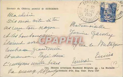 Cercas do Castelo Primitivo de SURGERES — Edições Artísticas Raymond Bergevin, La Rochelle — Verso