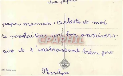 Buquê de rosas e flores azuis — Feliz aniversário — Imprimerie France, Série Flores N°770 — Verso