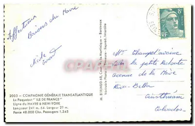 Paquebot 'Ile de France' — Compagnie Générale Transatlantique — M. Berjaud 68, Bordeaux — Verso
