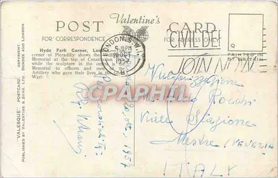 Hyde Park Corner, Londen — luchtfoto met het monument van de Verklaring en een rood busje — Valentine's Postcard, Ltd. — Achterkant