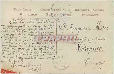Mulher com buquê de rosas — Por telegrama de Amizade — n°4222 — Verso