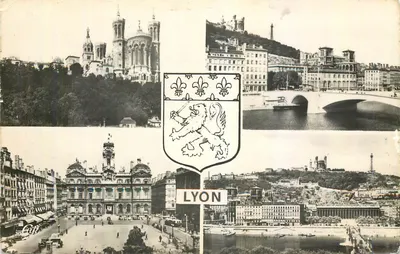 Lyon — widok panoramiczny z basyliką, mostem i herbem — Réal-Photo