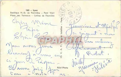 Lyon — widok panoramiczny z basyliką, mostem i herbem — Réal-Photo — Rewers