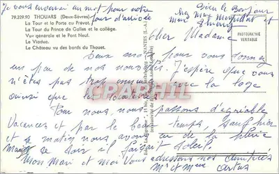 Thouars — ogólny widok, wieże, mosty i zamek — wydawca nieznany, numer serii nie widoczny — Rewers