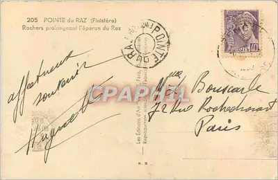 Pointe du Raz (Finistère) — Skaliste przedłużenie wysepki Raz — Wydawnictwo Sztuki, Paryż, nr 205 — Rewers