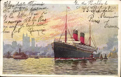 Embarcação a vapor 'La Lorraine' Cie Gle Transatlantique - Ilustração - Bilhete postal antigo