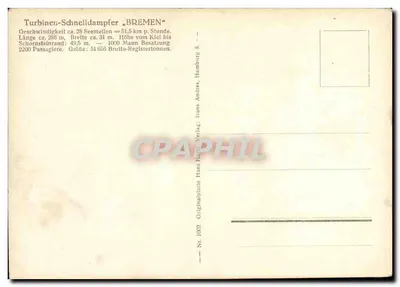 Turbina-Schnelldampfer "BREMEN" — Hamburgo, Hans Andres Verlag, N° 1032 — Verso