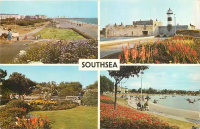 Southsea — vista panorâmica — The Promenade, The Castle, Rock Gardens, Canoe Lake — PLC3079