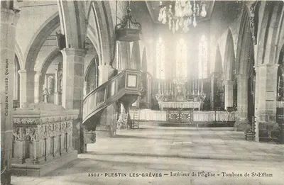Plestin-les-Grèves — Interior da Igreja — Túmulo de São Efflam — Coleção Villard, Quimper