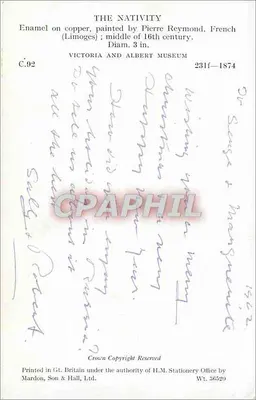 A Natividade — Gravura por Pierre Reymond, francês, meados do século XVI — Museu Victoria and Albert — Impresso no Reino Unido sob autoridade do H.M. Stationery Office por Mardon, Son & Hall, Ltd. — Verso