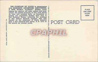 Fonte da Juventude e Cruz, 1513, St. Augustine, Fla. — S.A. 95, editor Duval News Company, Jacksonville, Fla. — Verso