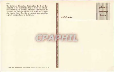 Monumento a Jefferson — Tidal Basin — editor Uberman Novelty Co. — Verso