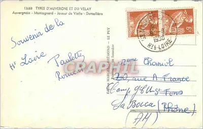Tipos de Auvernia y del Velay — Montañés, Jugador de Vihuela, Dentellista — Edición Marguerit Prémond — Reverso