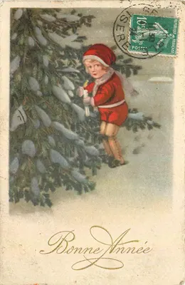 Criança em traje de Papai Noel — sob um abeto nevado — editor Esmag, n°13