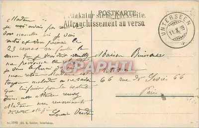 Interlaken — widok Jungfrau — wydawca R. Gabler, Interlaken, nr 1085 — Rewers