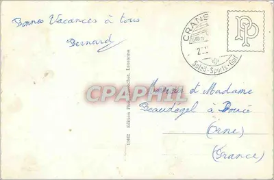 Crans-Sierre — widok golfu, teleferyku, kościoła i panoramy — Wydawnictwo Fotograficzne Lauschet, nr 11032 — Rewers