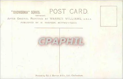 Llyn Cymffynon, Penygwryd — krajobraz górski z jeziorem i łodzią — seria 'Snowdonia', wydawca W. Hampson, Bettws-y-Coed — Rewers