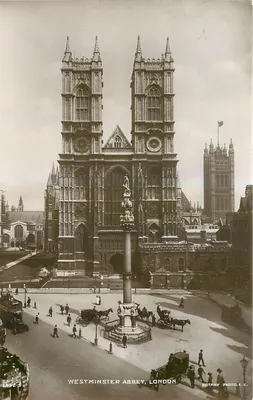 Abadia de Westminster, Londres — visão da fachada e do monumento central — Rotary Photo, E.C.