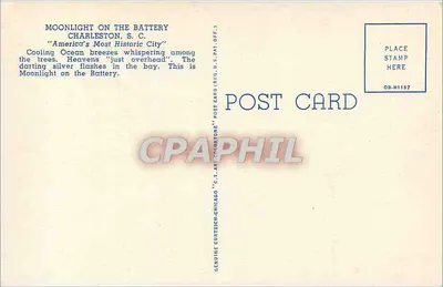 Scena przy świetle księżyca na Battery, Charleston, S. C. — C.T.9 — wydawca C. T. Art Curtilic, Chicago — Rewers