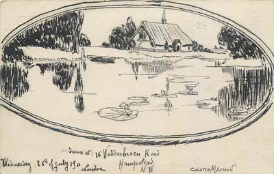 Paisagem de lago com casa — desenho a tinta — Colette Maumont