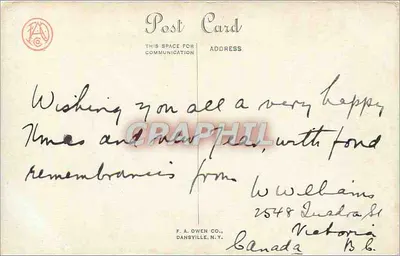 Carte de vœux de Noël — poème — F.A. Owen Co., Dansville, N.Y. — Verso